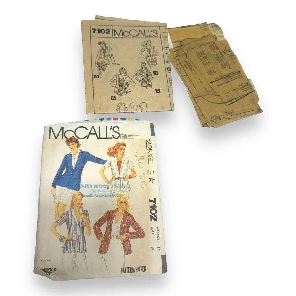 McCall's 7102 Vintage Pattern Misses Jacket 14 1980s Short Long Sleeve‎